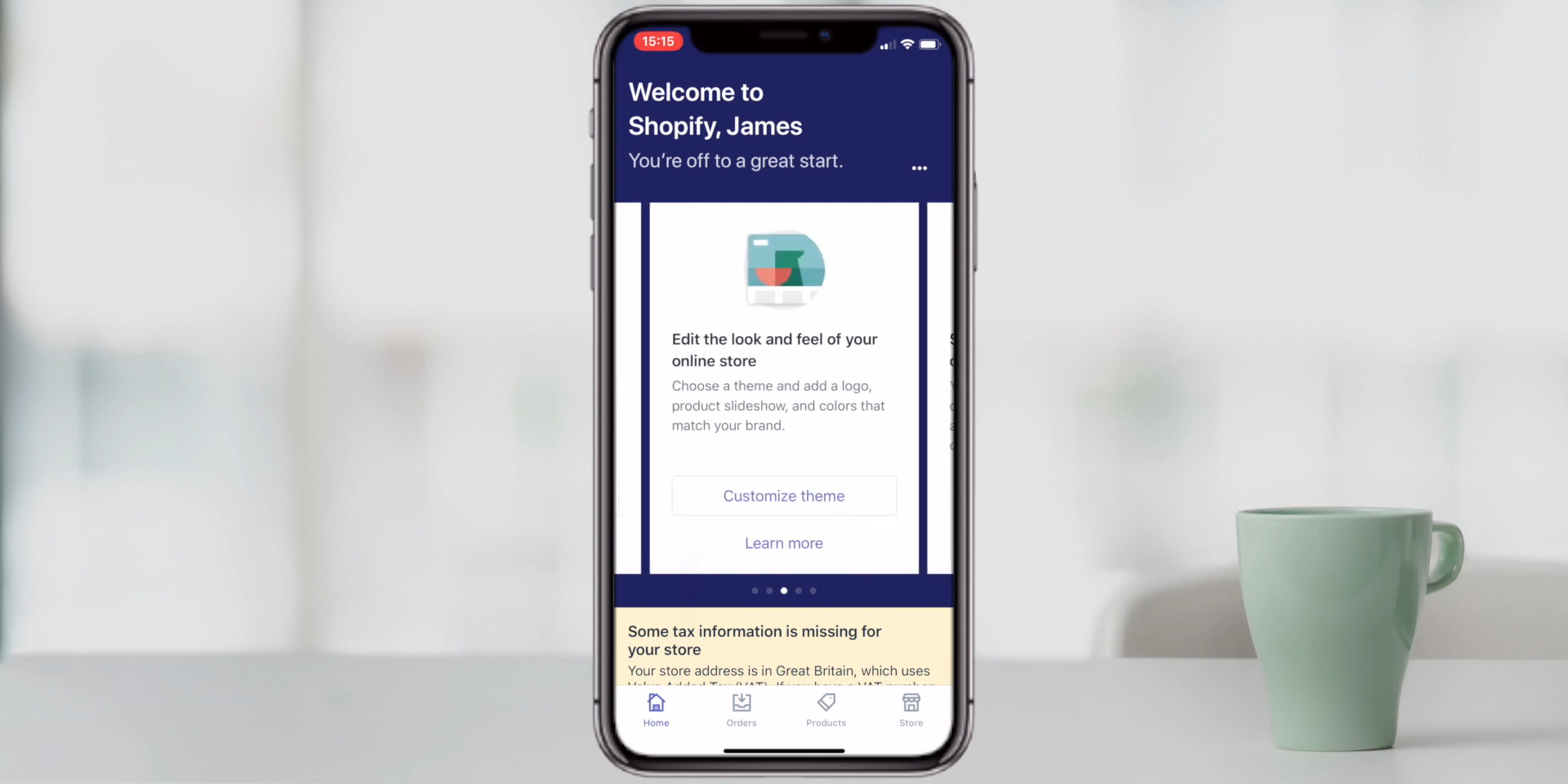 Ekran mobilnog telefona prikazuje Shopify aplikaciju