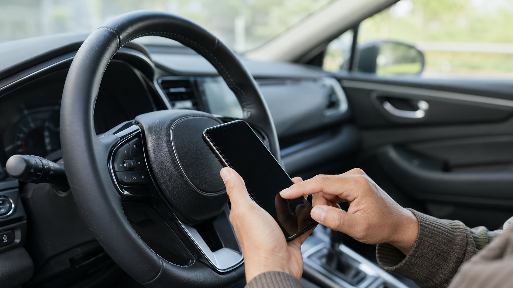 Putnik u automobilu proverava mobilni telefon pre korišćenja rominga tokom putovanja u Evropsku uniju.