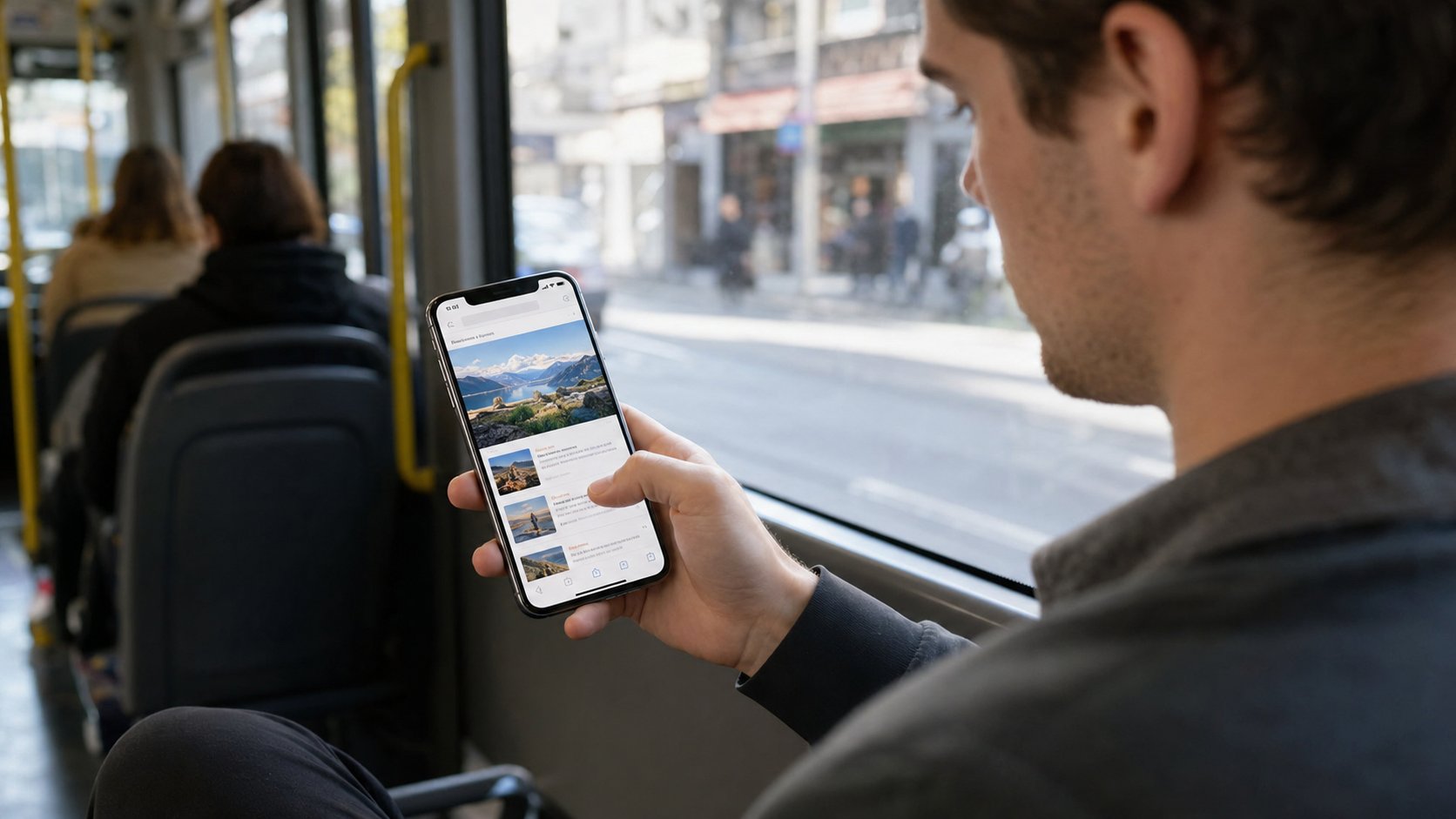 Mladić tokom vožnje gradskim prevozom pregledava turistički sadržaj na mobilnom telefonu.