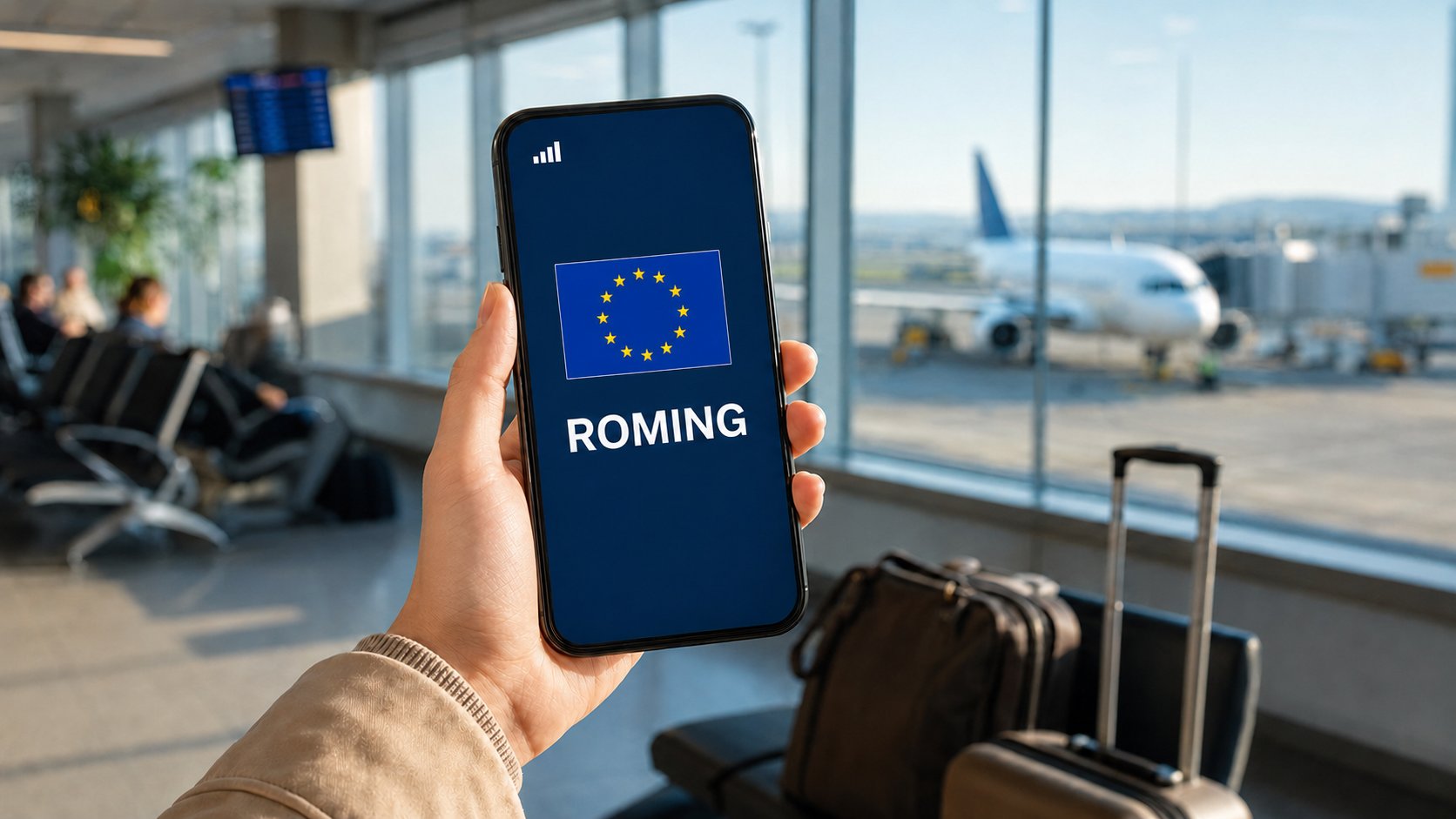 Putnik na aerodromu drži mobilni telefon sa zastavom Evropske unije i oznakom „Roming“.