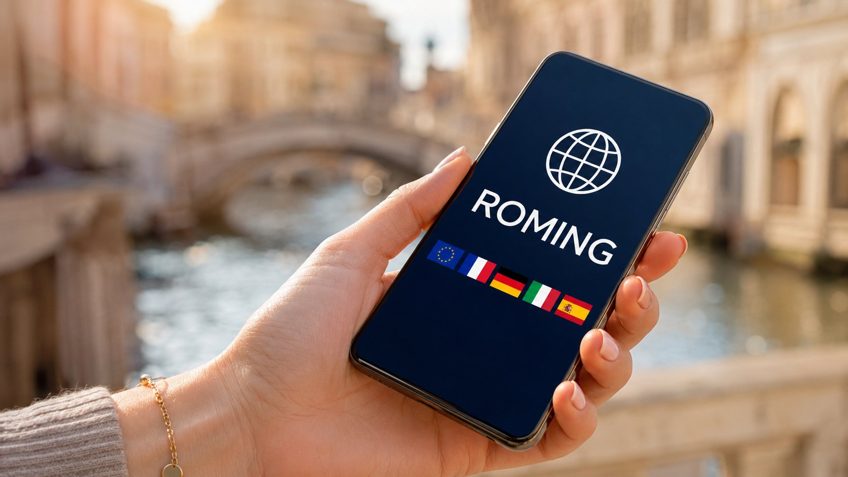 Ženska ruka drži mobilni telefon sa oznakom „Roming“ i zastavama zemalja Evropske unije tokom putovanja.