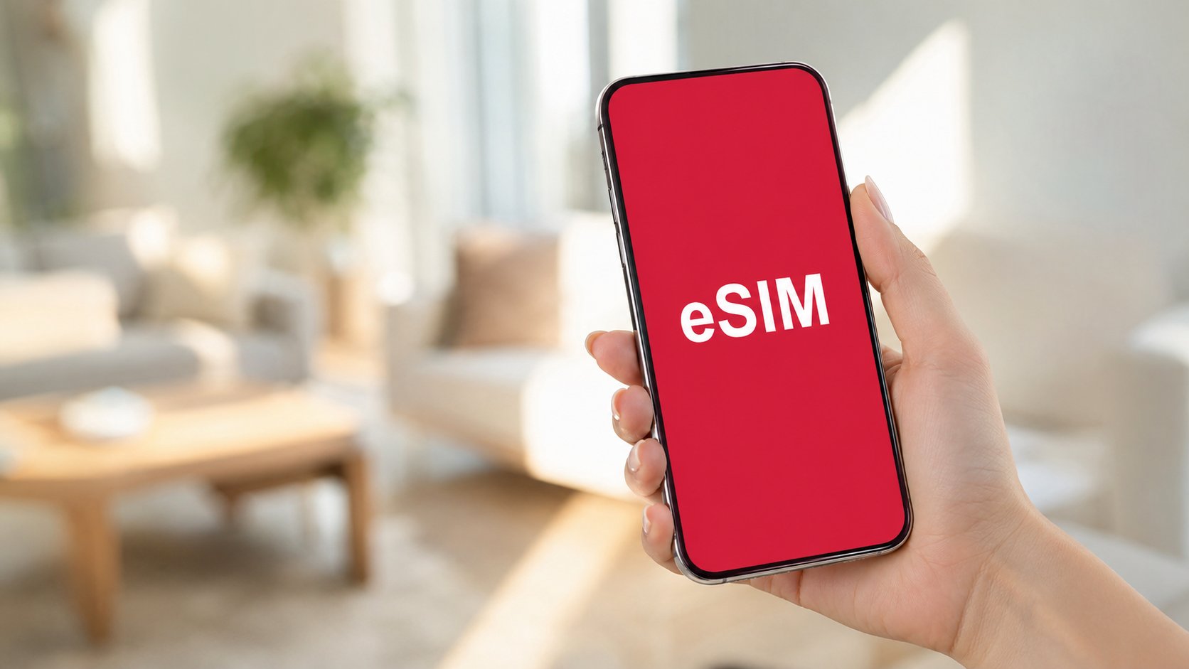 Ženska ruka drži mobilni telefon sa oznakom „eSIM“ na crvenom ekranu.